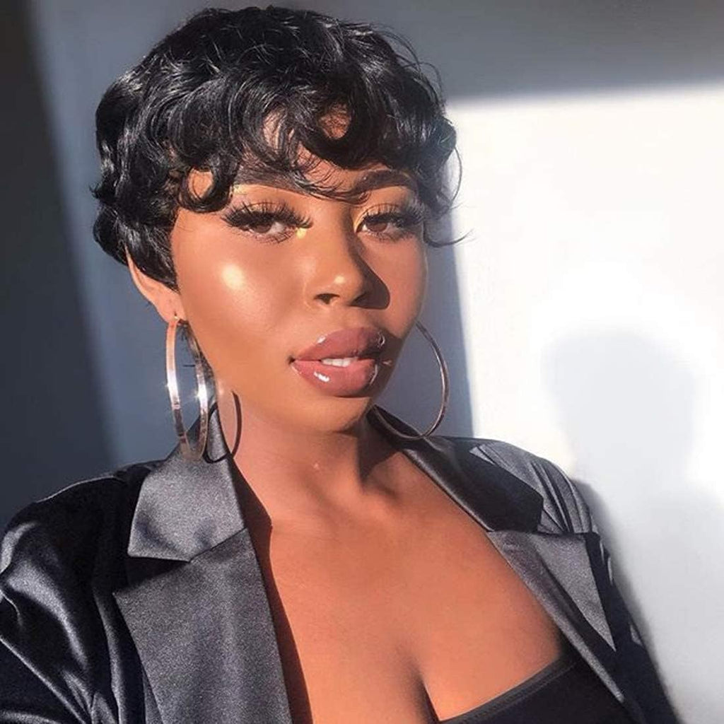 Pixie Wigs for Black Women Short Straight Human Hair Wig Glueless Wigs Pre Plucked Short Curly Wigs with Bangs for Daily Use 1B Black