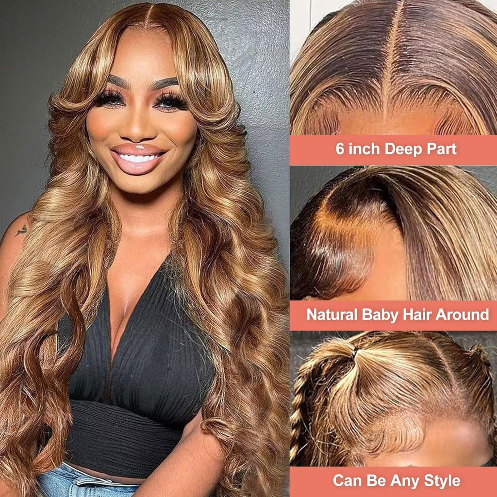 26 Inch Highlight Ombre Lace Front Wig Human Hair 13X6 HD Lace Body Wave | HD Lace Frontal Wigs for Women,P4/27 Honey Blonde Body Wave,180% Density, Natural Hairline with Baby Hair,Long Lasting