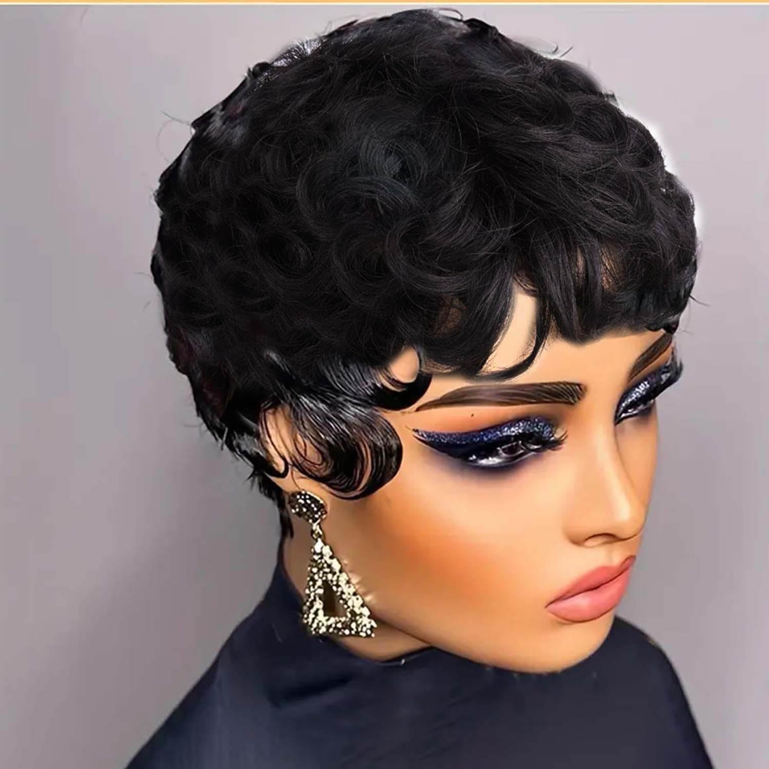 Pixie Wigs for Black Women Short Straight Human Hair Wig Glueless Wigs Pre Plucked Short Curly Wigs with Bangs for Daily Use 1B Black