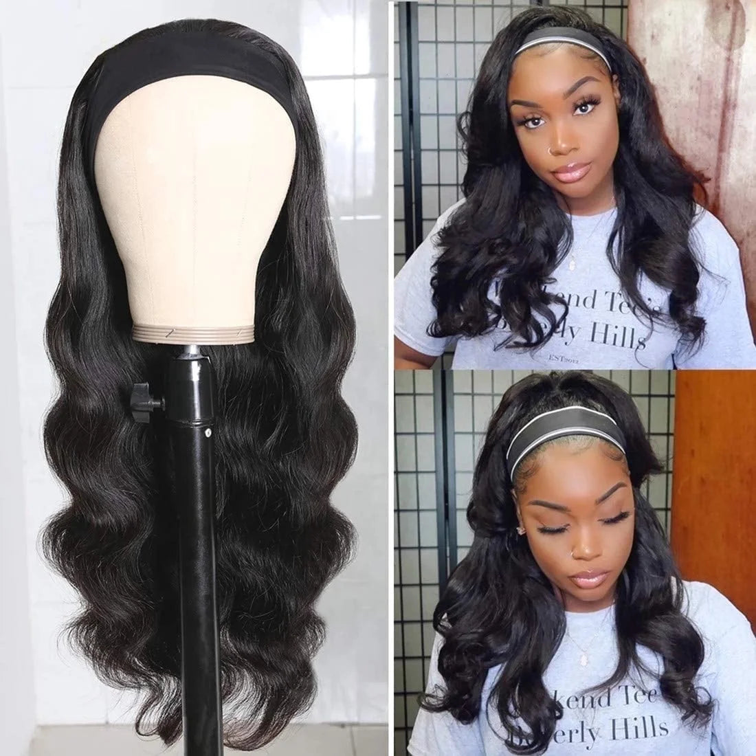 Headband Wig Body Wave Human Hair for Black Women Glueless 150% Density None Lace Front Brazilian Virgin Curly Machine Made Easy Wear 16 Inch Headband
