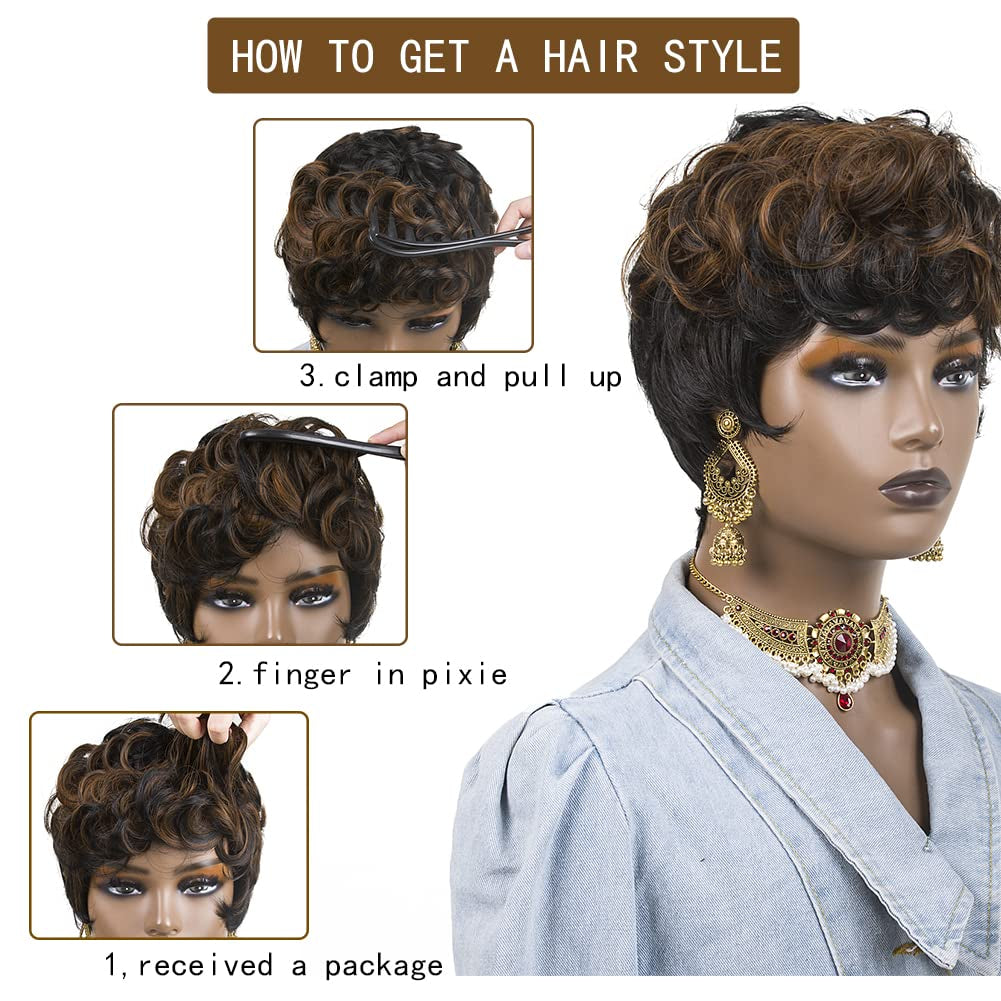 Short Pixie Cut Wigs for Black Women Pixie Cut Wigs with Bangs | Black Mixed Brown Short Curly Wigs for Black Women (Black Mixed Brown)