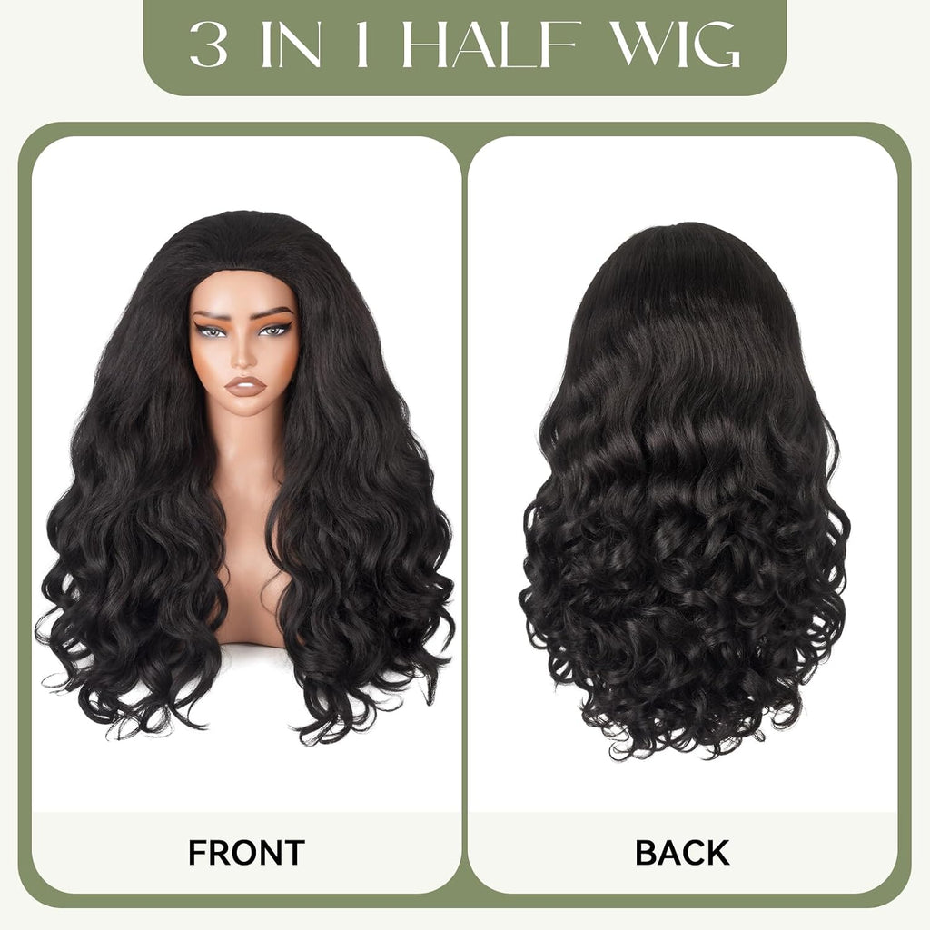 Wavy Half Wig, 3 in 1 Drawstring Seamless Wave Half Wigs for Black Women, Glueless Clip-In & Flip-Over Synthetic Wig, Black-1 26 Inch