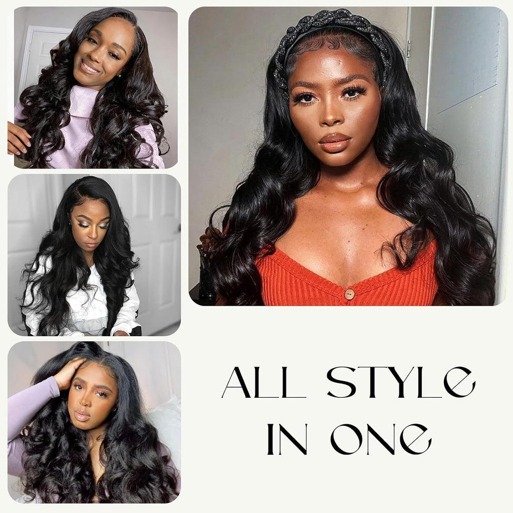 Wavy Half Wig, 3 in 1 Drawstring Seamless Wave Half Wigs for Black Women, Glueless Clip-In & Flip-Over Synthetic Wig, Black-1 26 Inch