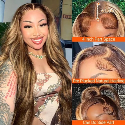 13X4 Highlight Ombre Lace Front Wig Human Hair Pre Plucked 4/27 Honey Blonde HD Transparent Colored Lace Frontal Wigs for Women with Baby Hair 180% Density Body Wave Lace Front Wig (18 Inch)