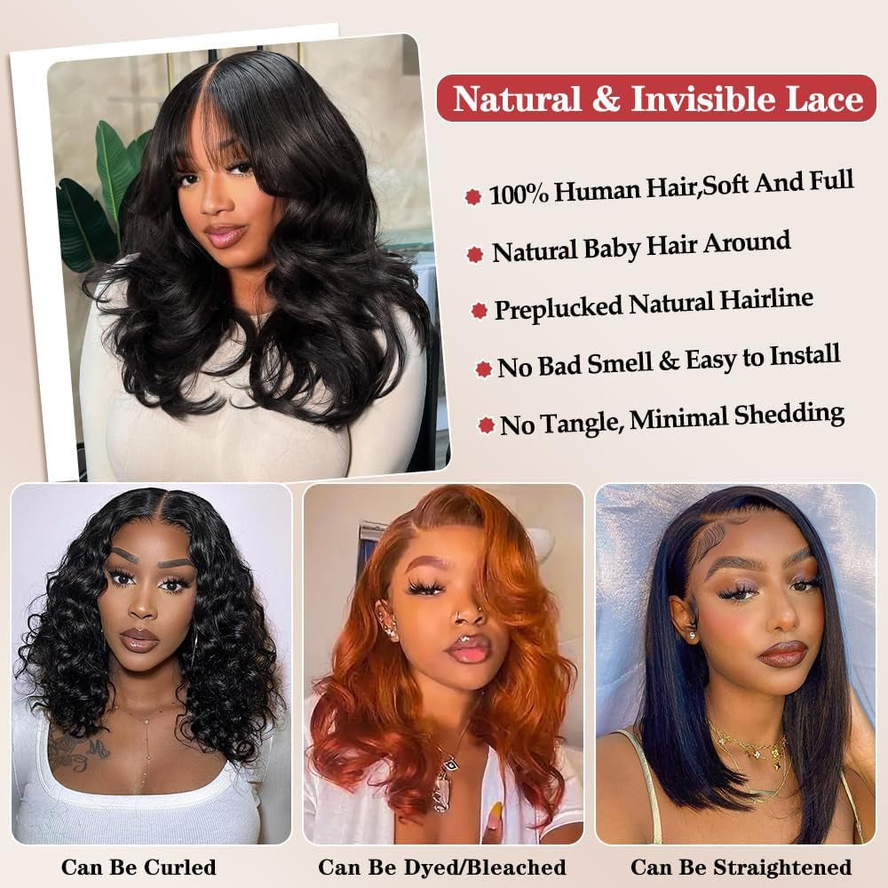 Bob Wig Human Hair 13X6 Lace Front Wigs 12 Inch Loose Body Wave HD Lace Frontal Wigs Glueless Wigs Human Hair Pre Plucked Wear and Go Short Bob Wigs for Black Women Natural Black Color
