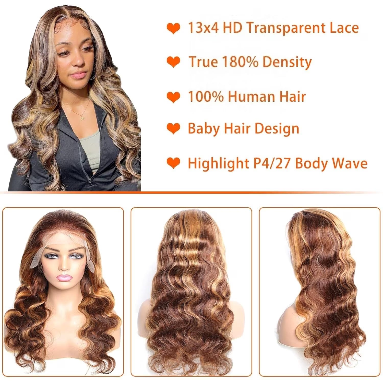 13X4 Highlight Ombre Lace Front Wig Human Hair Pre Plucked 4/27 Honey Blonde HD Transparent Colored Lace Frontal Wigs for Women with Baby Hair 180% Density Body Wave Lace Front Wig (18 Inch)