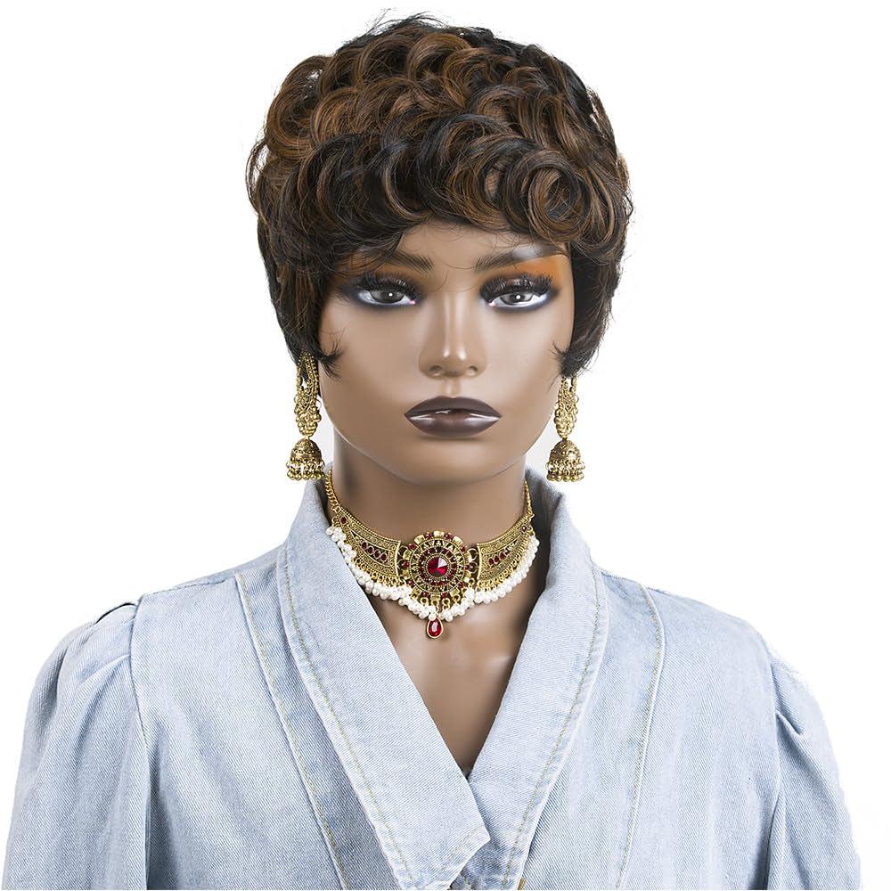 Short Pixie Cut Wigs for Black Women Pixie Cut Wigs with Bangs | Black Mixed Brown Short Curly Wigs for Black Women (Black Mixed Brown)