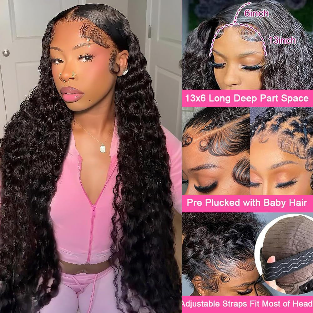 30 Inch Deep Wave Lace Front Wigs Human Hair 200 Density 13X6 HD Lace Frontal Wigs Human Hair Pre Plucked Deep Curly Glueless Wigs Human Hair Curly Wigs for Women Natural Color