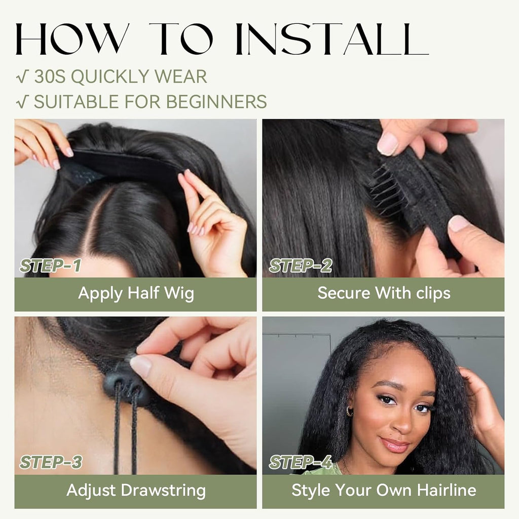 Wavy Half Wig, 3 in 1 Drawstring Seamless Wave Half Wigs for Black Women, Glueless Clip-In & Flip-Over Synthetic Wig, Black-1 26 Inch