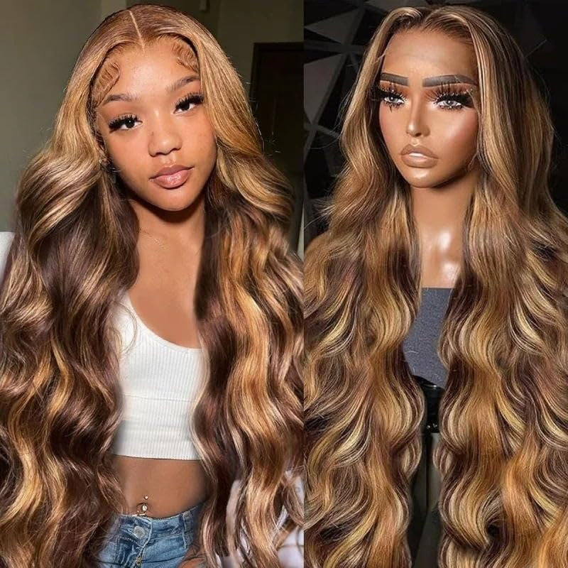 26 Inch Highlight Ombre Lace Front Wig Human Hair 13X6 HD Lace Body Wave | HD Lace Frontal Wigs for Women,P4/27 Honey Blonde Body Wave,180% Density, Natural Hairline with Baby Hair,Long Lasting