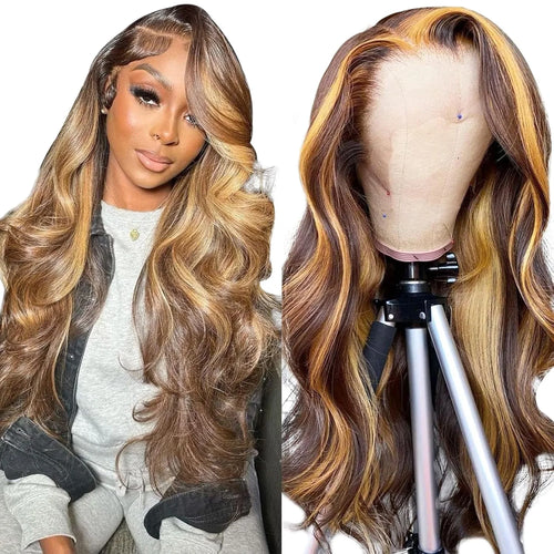 13X4 Highlight Ombre Lace Front Wig Human Hair Pre Plucked 4/27 Honey Blonde HD Transparent Colored Lace Frontal Wigs for Women with Baby Hair 180% Density Body Wave Lace Front Wig (18 Inch)