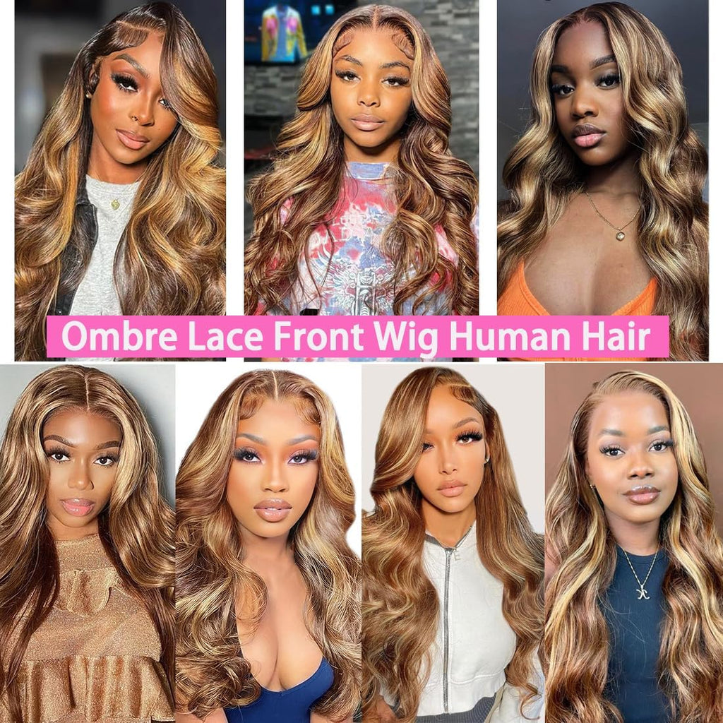 20 Inch 13X6 Lace Front Wigs Human Hair 200 Density P4/27 Highlight Ombre Body Wave HD Lace Front Wigs Human Hair Pre Plucked