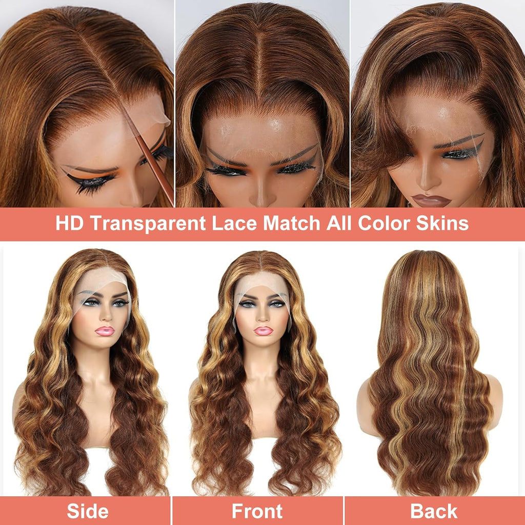 26 Inch Highlight Ombre Lace Front Wig Human Hair 13X6 HD Lace Body Wave | HD Lace Frontal Wigs for Women,P4/27 Honey Blonde Body Wave,180% Density, Natural Hairline with Baby Hair,Long Lasting