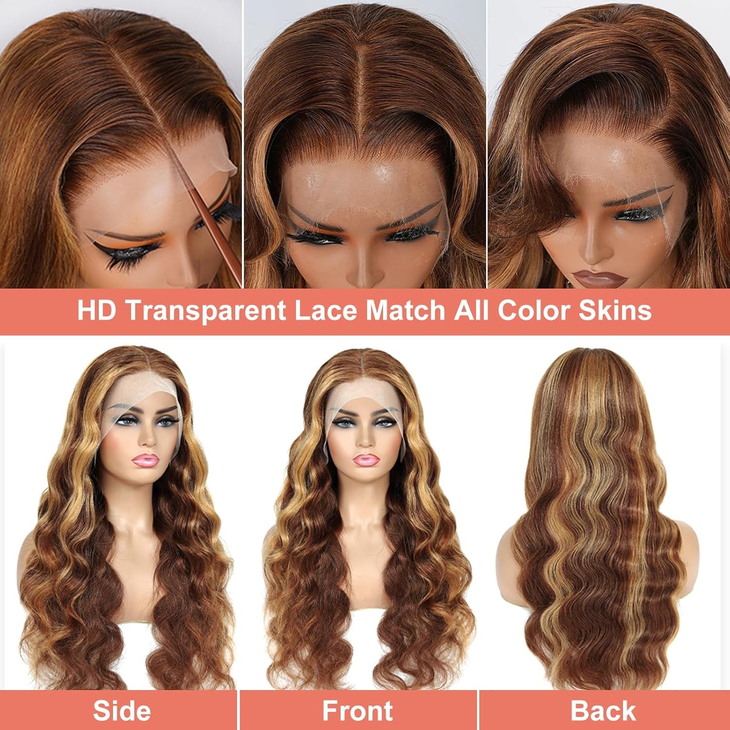 26 Inch Highlight Ombre Lace Front Wig Human Hair 13X6 HD Lace Body Wave | HD Lace Frontal Wigs for Women,P4/27 Honey Blonde Body Wave,180% Density, Natural Hairline with Baby Hair,Long Lasting