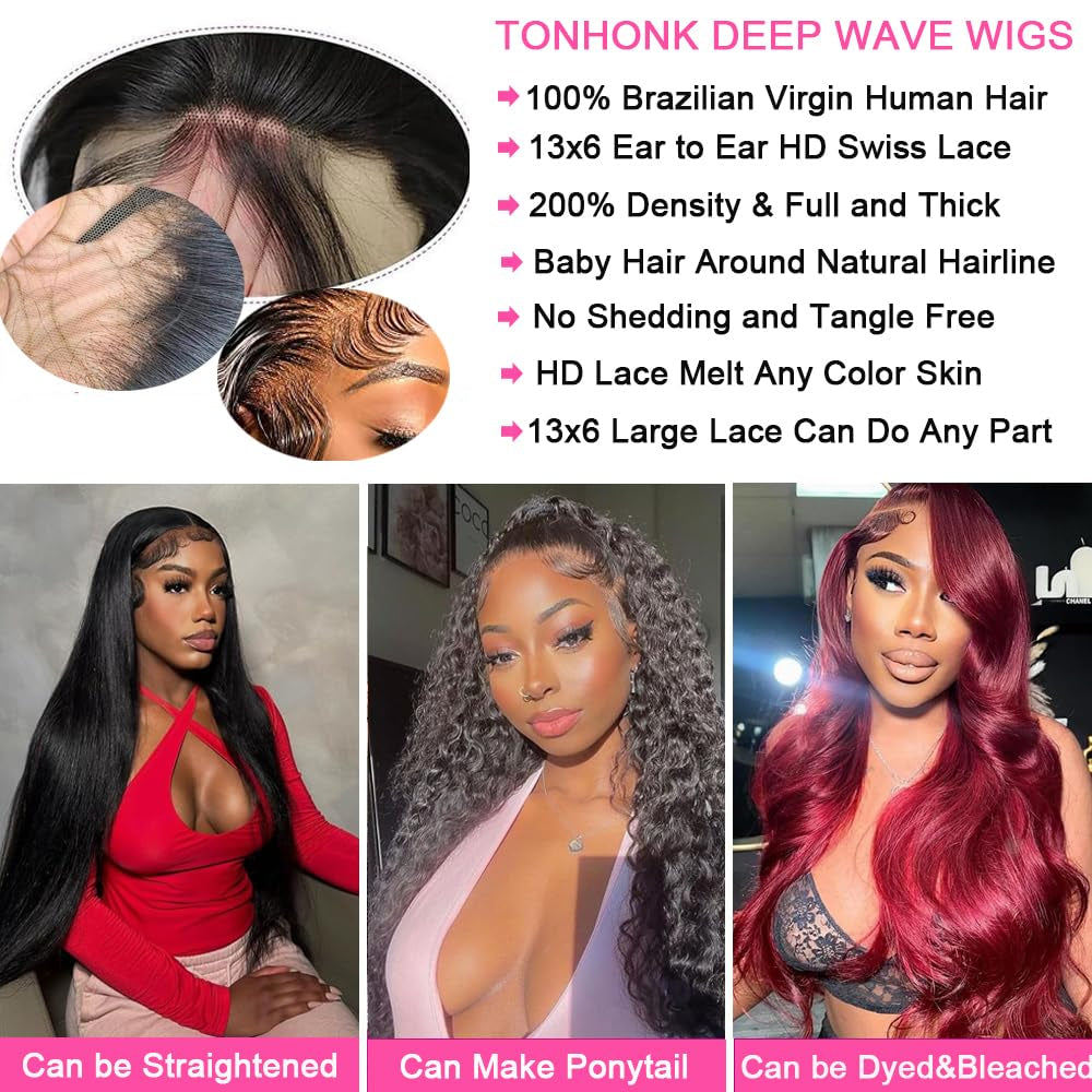 30 Inch Deep Wave Lace Front Wigs Human Hair 200 Density 13X6 HD Lace Frontal Wigs Human Hair Pre Plucked Deep Curly Glueless Wigs Human Hair Curly Wigs for Women Natural Color