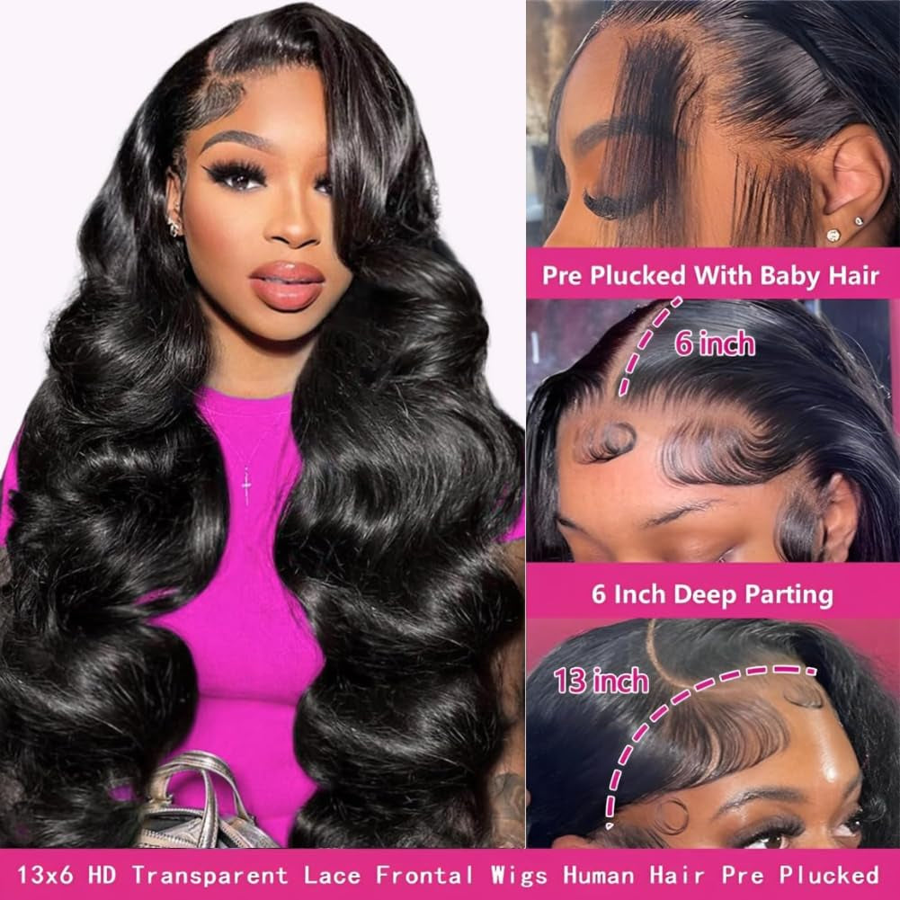 13X6 Lace Front Wigs Human Hair Pre Plucked 220% Density Body Wave Wig for Women HD Lace Frontal Human Hair Wigs Bleached Knots with Baby Hair 26 Inch