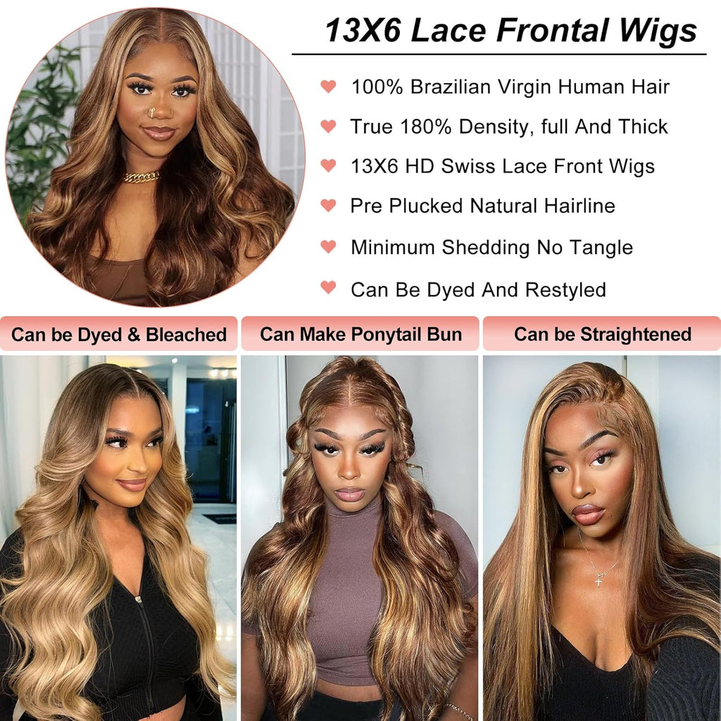 26 Inch Highlight Ombre Lace Front Wig Human Hair 13X6 HD Lace Body Wave | HD Lace Frontal Wigs for Women,P4/27 Honey Blonde Body Wave,180% Density, Natural Hairline with Baby Hair,Long Lasting