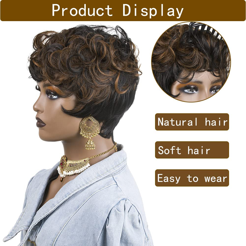 Short Pixie Cut Wigs for Black Women Pixie Cut Wigs with Bangs | Black Mixed Brown Short Curly Wigs for Black Women (Black Mixed Brown)
