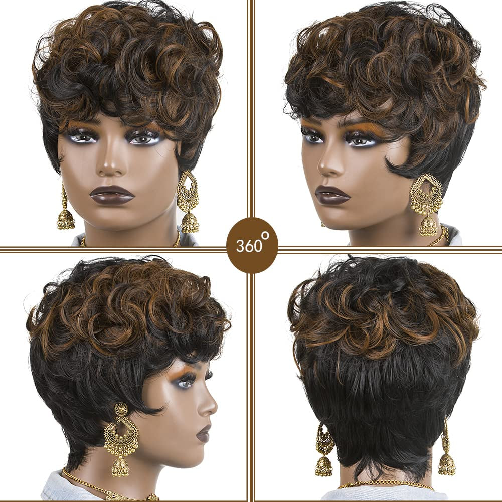 Short Pixie Cut Wigs for Black Women Pixie Cut Wigs with Bangs | Black Mixed Brown Short Curly Wigs for Black Women (Black Mixed Brown)