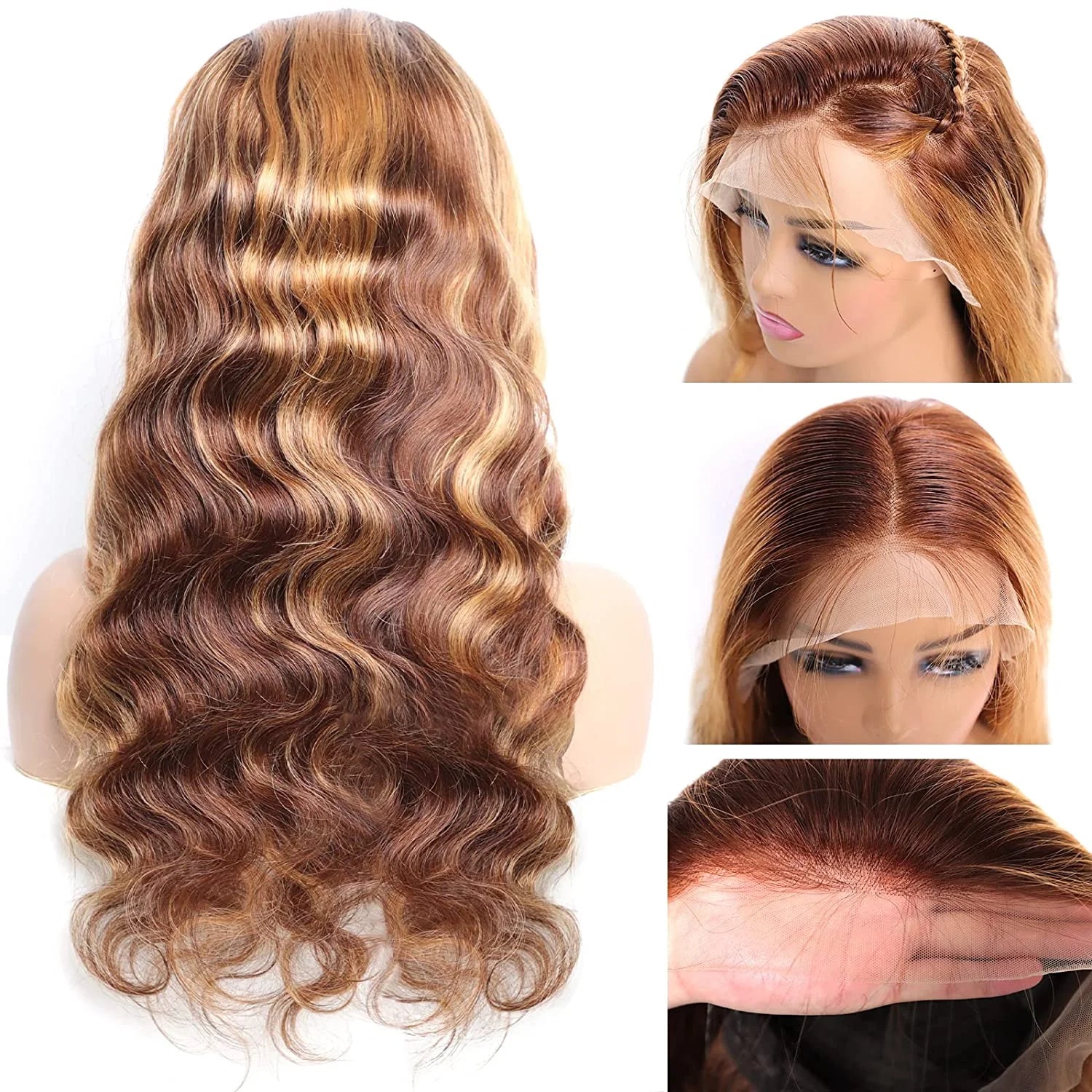 13X4 Highlight Ombre Lace Front Wig Human Hair Pre Plucked 4/27 Honey Blonde HD Transparent Colored Lace Frontal Wigs for Women with Baby Hair 180% Density Body Wave Lace Front Wig (18 Inch)