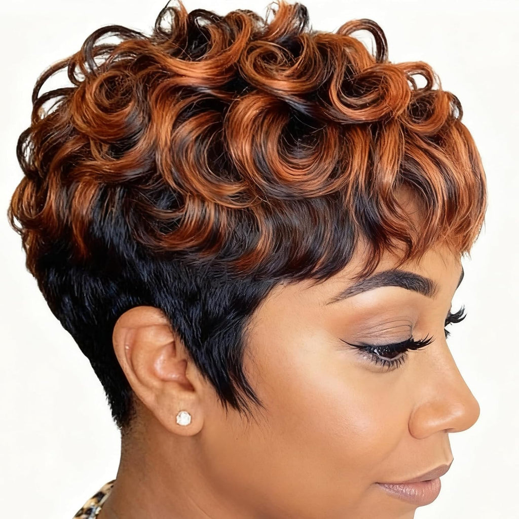 Short Pixie Cut Wigs for Black Women Pixie Cut Wigs with Bangs | Black Mixed Brown Short Curly Wigs for Black Women (Black Mixed Brown)
