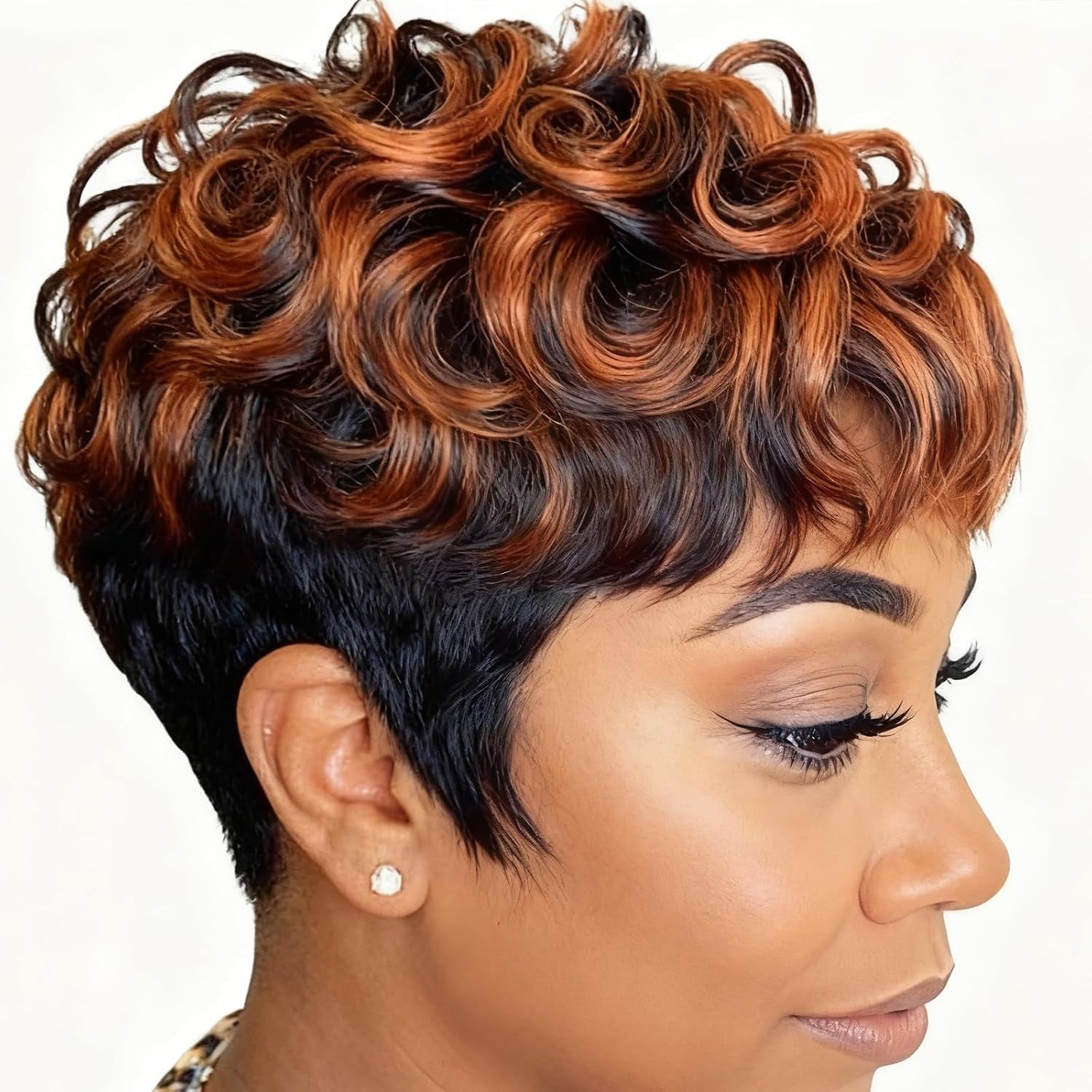 Short Pixie Cut Wigs for Black Women Pixie Cut Wigs with Bangs | Black Mixed Brown Short Curly Wigs for Black Women (Black Mixed Brown)