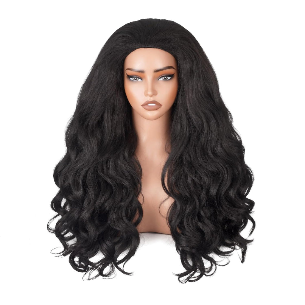 Wavy Half Wig, 3 in 1 Drawstring Seamless Wave Half Wigs for Black Women, Glueless Clip-In & Flip-Over Synthetic Wig, Black-1 26 Inch