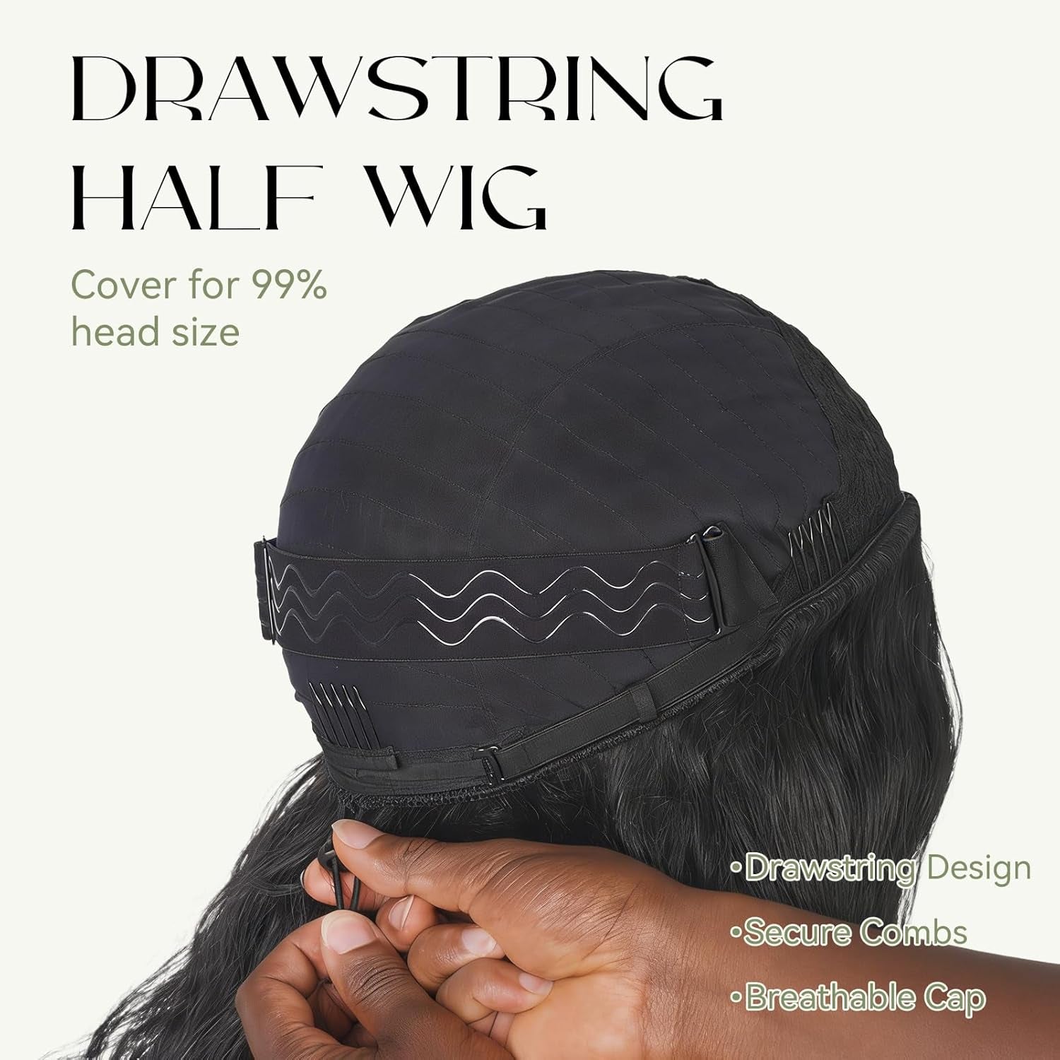 Wavy Half Wig, 3 in 1 Drawstring Seamless Wave Half Wigs for Black Women, Glueless Clip-In & Flip-Over Synthetic Wig, Black-1 26 Inch