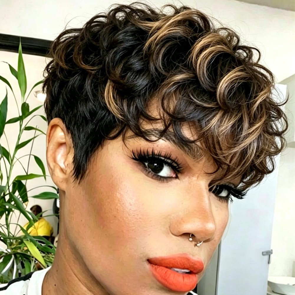 Short Pixie Cut Wigs for Black Women Pixie Cut Wigs with Bangs | Black Mixed Brown Short Curly Wigs for Black Women (Black Mixed Brown)