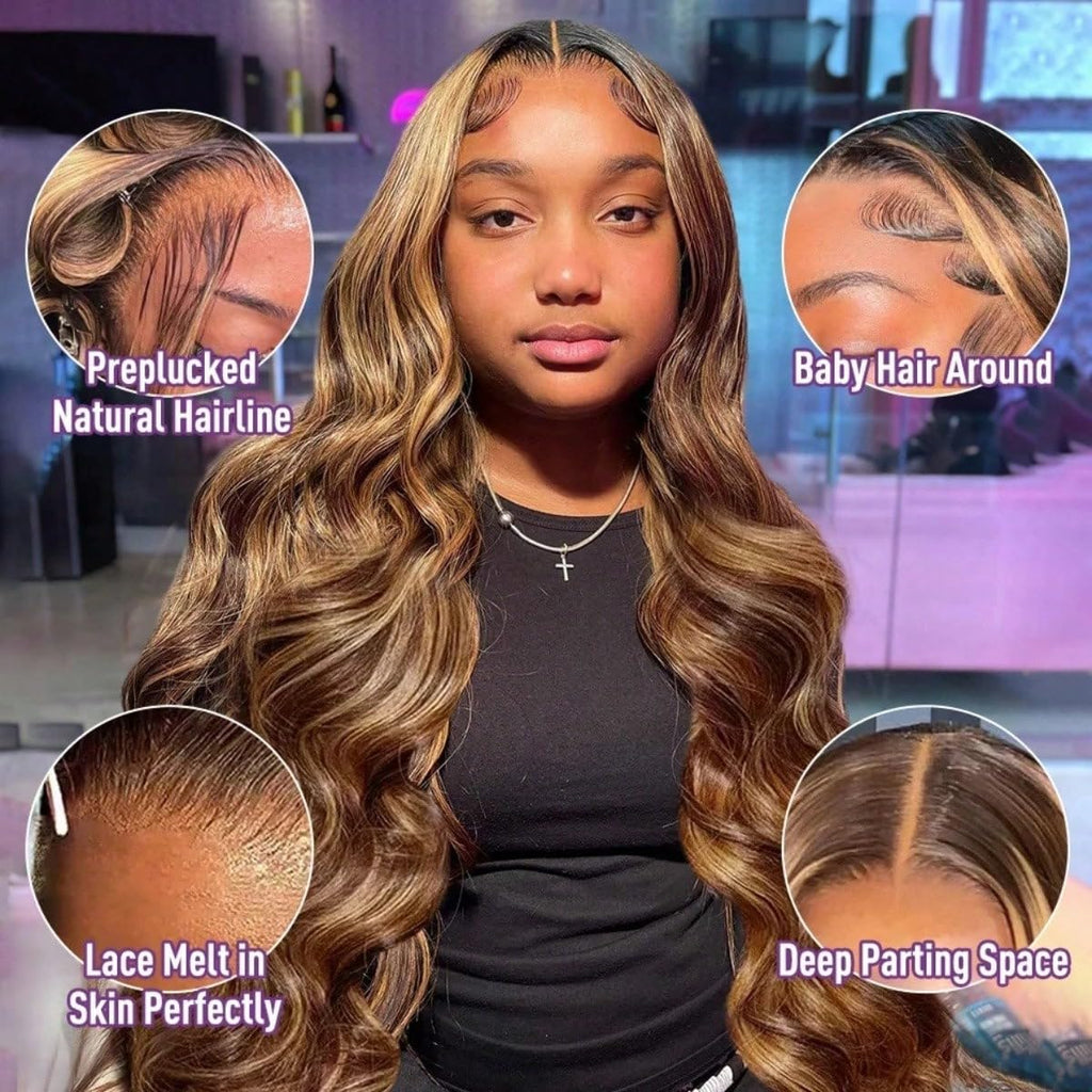 26 Inch Highlight Ombre Lace Front Wig Human Hair 13X6 HD Lace Body Wave | HD Lace Frontal Wigs for Women,P4/27 Honey Blonde Body Wave,180% Density, Natural Hairline with Baby Hair,Long Lasting