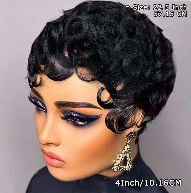 Pixie Wigs for Black Women Short Straight Human Hair Wig Glueless Wigs Pre Plucked Short Curly Wigs with Bangs for Daily Use 1B Black