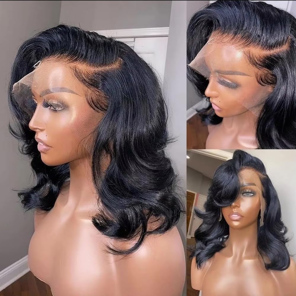Bob Wig Human Hair 13X6 Lace Front Wigs 12 Inch Loose Body Wave HD Lace Frontal Wigs Glueless Wigs Human Hair Pre Plucked Wear and Go Short Bob Wigs for Black Women Natural Black Color