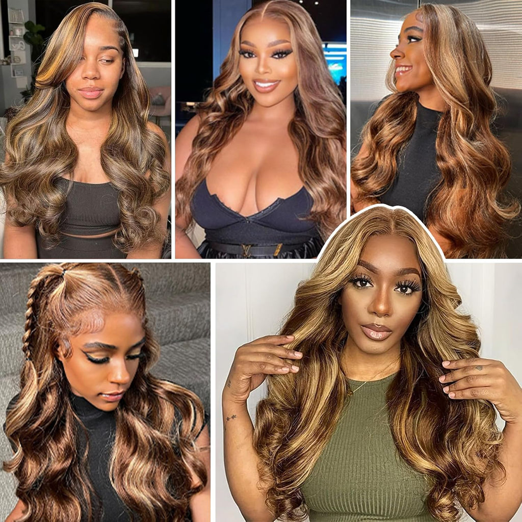 26 Inch Highlight Ombre Lace Front Wig Human Hair 13X6 HD Lace Body Wave | HD Lace Frontal Wigs for Women,P4/27 Honey Blonde Body Wave,180% Density, Natural Hairline with Baby Hair,Long Lasting