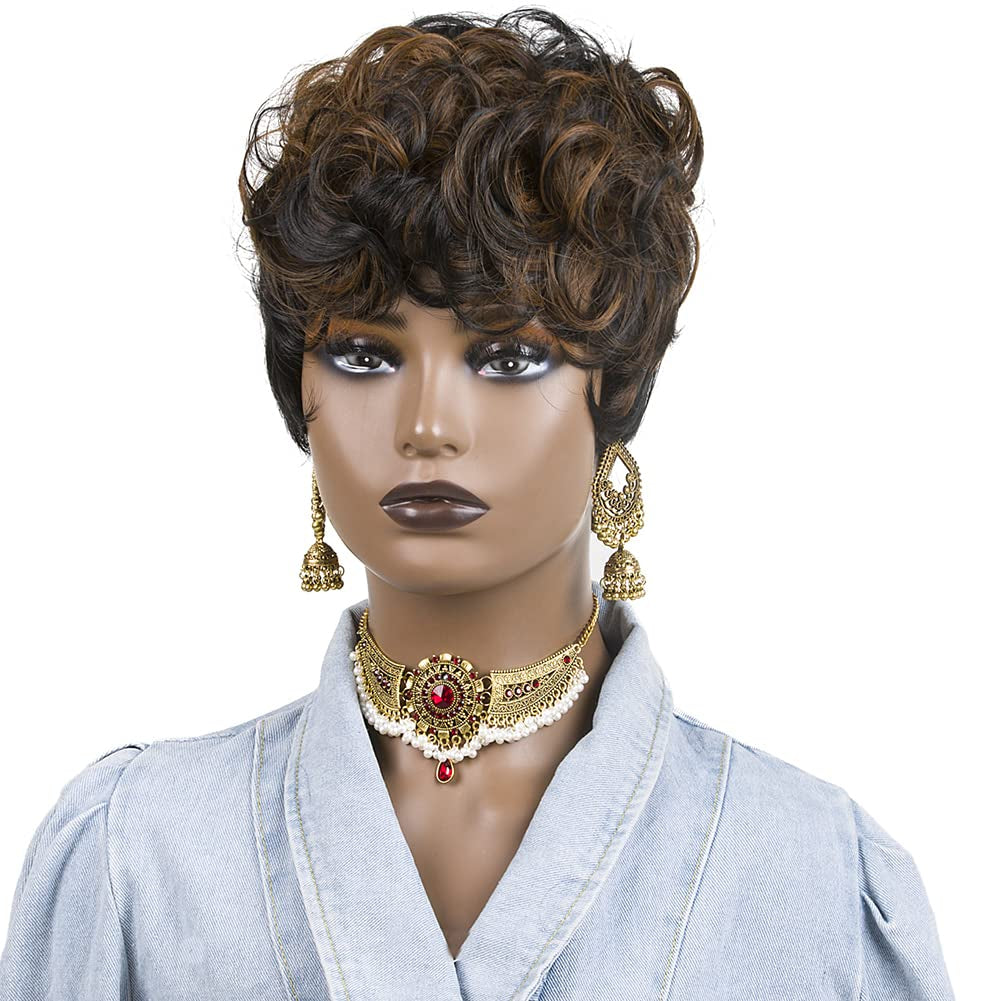 Short Pixie Cut Wigs for Black Women Pixie Cut Wigs with Bangs | Black Mixed Brown Short Curly Wigs for Black Women (Black Mixed Brown)