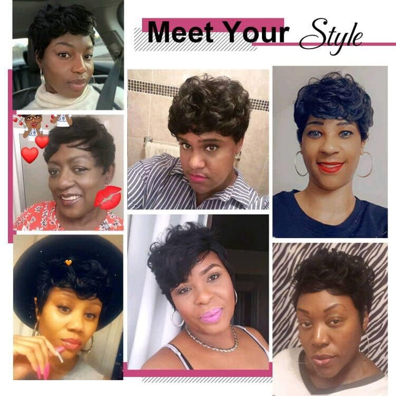 Pixie Wigs for Black Women Short Straight Human Hair Wig Glueless Wigs Pre Plucked Short Curly Wigs with Bangs for Daily Use 1B Black