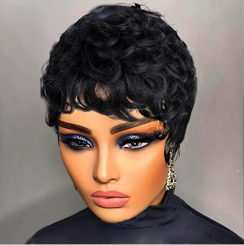Pixie Wigs for Black Women Short Straight Human Hair Wig Glueless Wigs Pre Plucked Short Curly Wigs with Bangs for Daily Use 1B Black