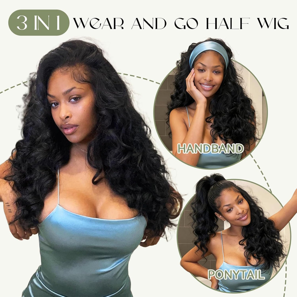 Wavy Half Wig, 3 in 1 Drawstring Seamless Wave Half Wigs for Black Women, Glueless Clip-In & Flip-Over Synthetic Wig, Black-1 26 Inch